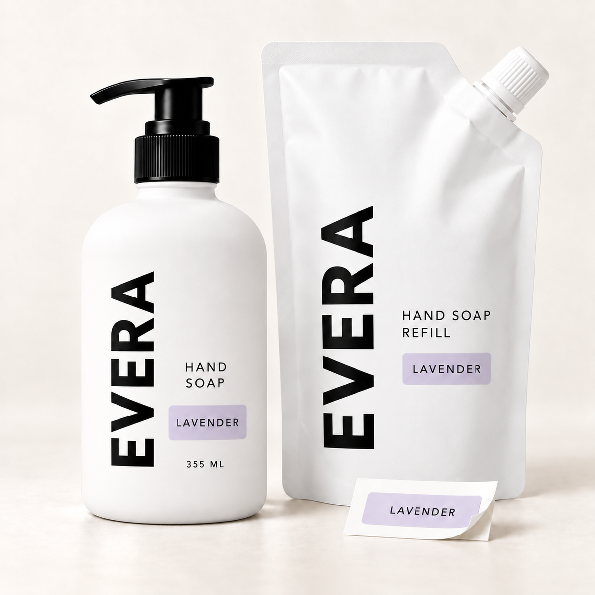 EVERA bottle, refill pouch, and removable scent label
